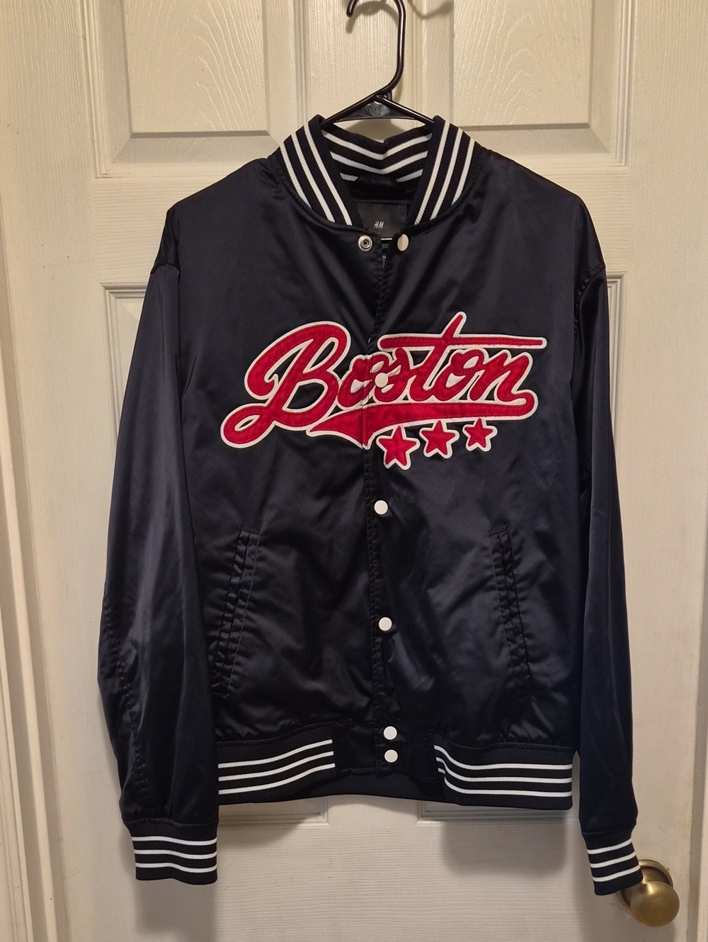 H&M Black Satin Boston Bomber Jacket with Red Script